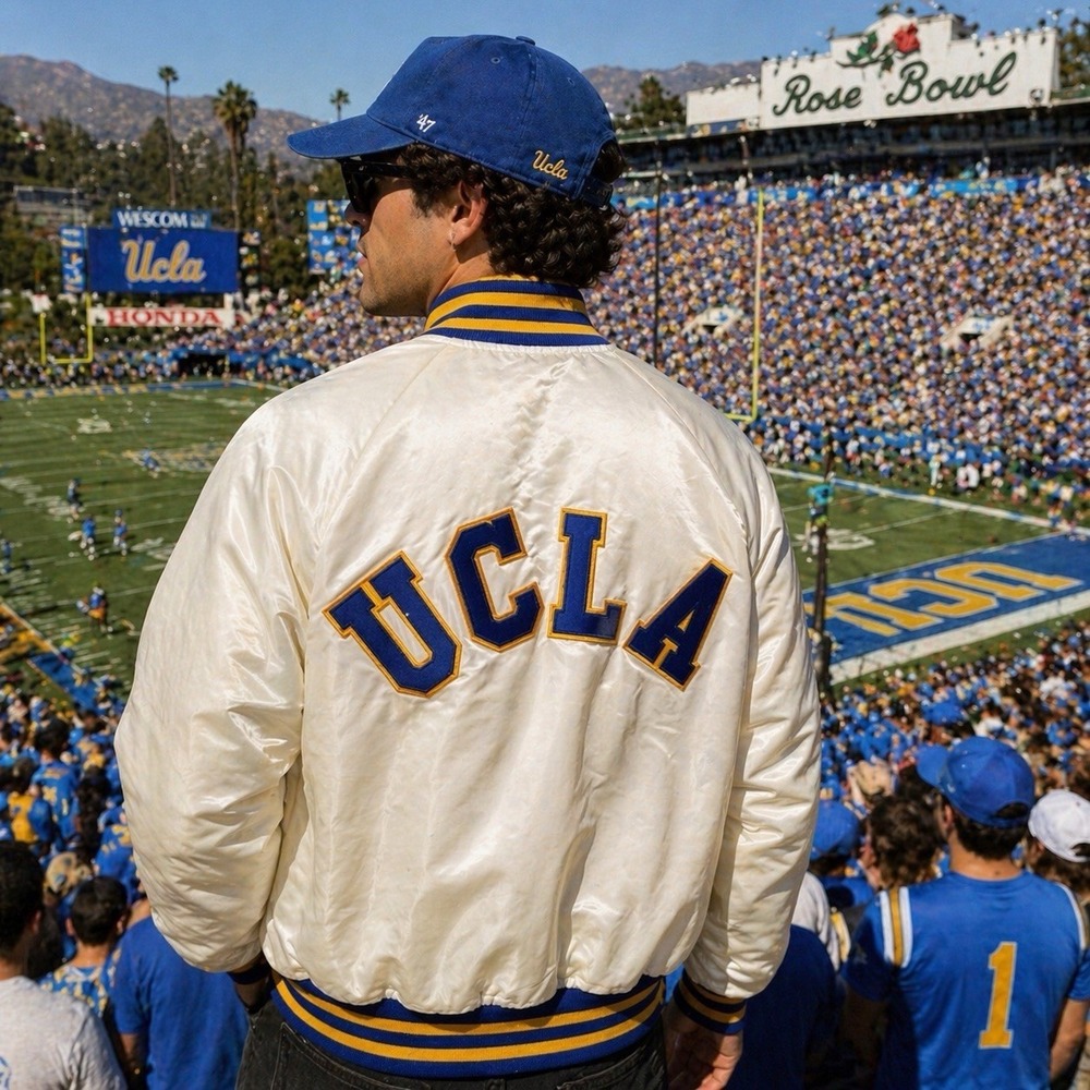 Vintage UCLA Satin Jacket MVP White Snap USA Mens XL Bomber Embroidered 70s 80s